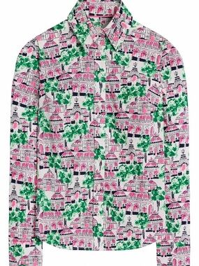 Boden Sienna Cotton Shirt Printed Button Down in Pink & Green